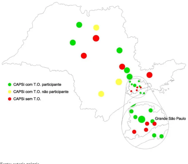 Figura 1 – Localização das unidades de CAPSi no Estado de São Paulo e  vinculados ao estudo 