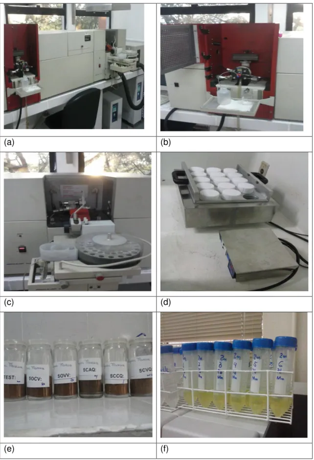 Figura 1. (a)  espectrômetro Perkin-Elmer, modelo 5110- Zeeman, (b) sistema de atomização  em chama, (c) sistema de atomização em forno de grafite, (d) bloco digestor Tecnal modelo TE  007, (e) amostras de açúcar mascavo, (f) amostras de açúcar mascavo apó
