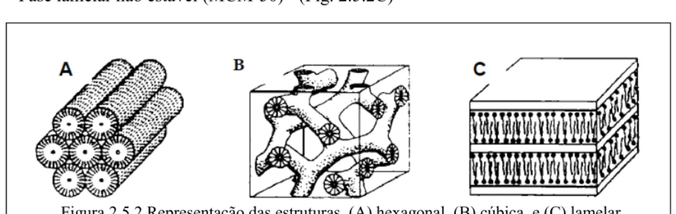 Figura 2.5.2 Representação das estruturas, (A) hexagonal, (B) cúbica, e (C) lamelar.