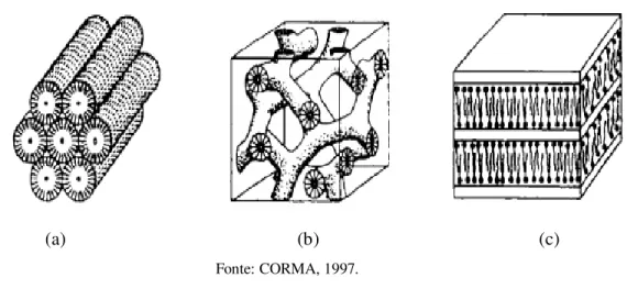 Figura 3.1. Representação dos diferentes arranjos de poros das estruturas dos materiais mesoporosos da família  M41S