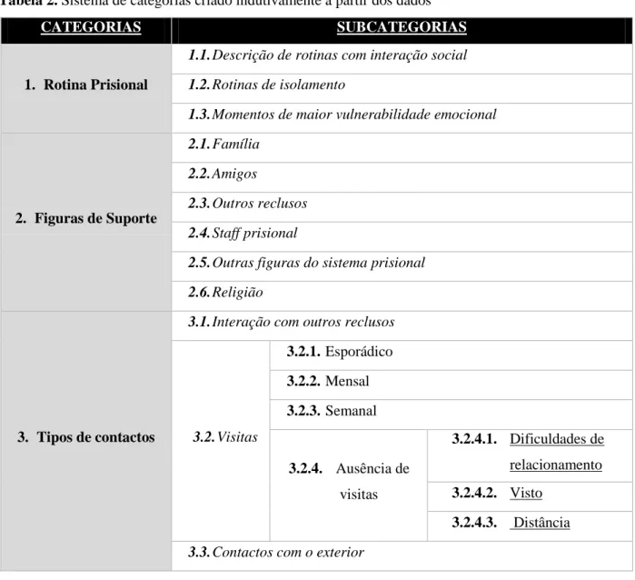 Tabela 2. Sistema de categorias criado indutivamente a partir dos dados 4