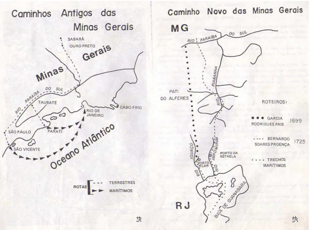 Figura 1: Mapa do Caminho Antigo das Minas Gerais (desenhado pelo autor)   Fonte: Rabaço (1985:8-9)