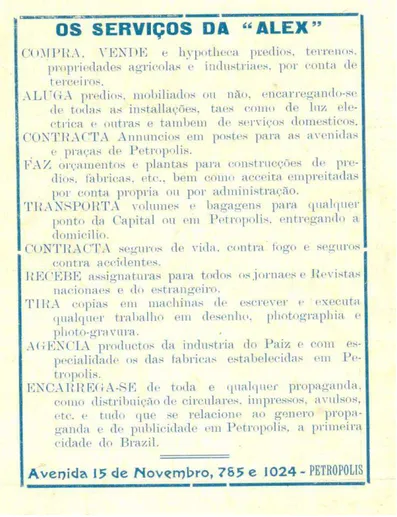 Figura 12: Os Serviços da ALEX (Parte 1)  Fonte: Verâo em Petrópolis (1914:s/p) 