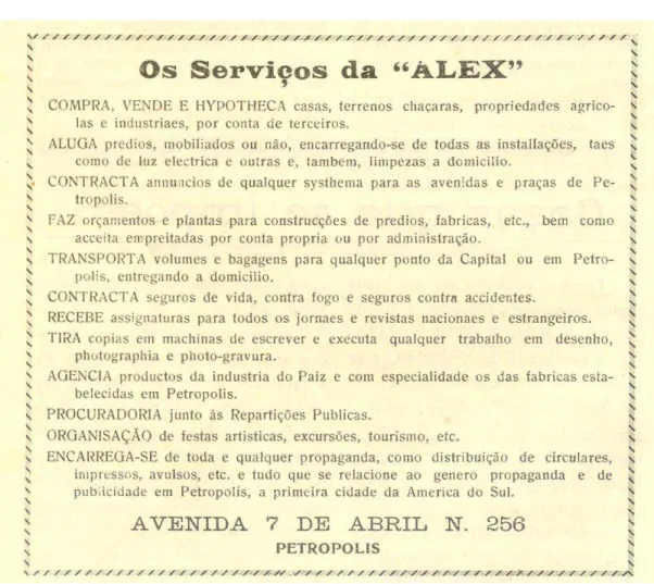 Figura 14: Os Serviços da ALEX (Parte 3)  Fonte: Verâo em Petrópolis (1923:s/p) 