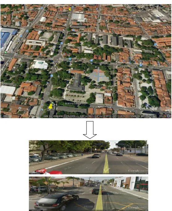 Figura 6 - Localização dos pontos (P1 e P2) onde as amostras foram realizadas na Avenida da Universidade 