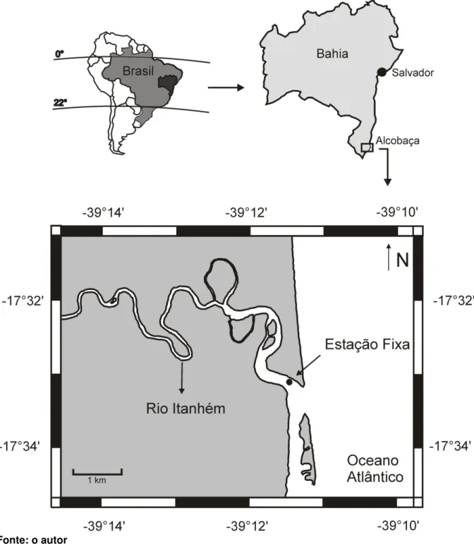 Figura 1 - Localização da área de estudo no contexto da América do Sul e do estado da Bahia, com  indicação do local de coleta de dados da estação fixa