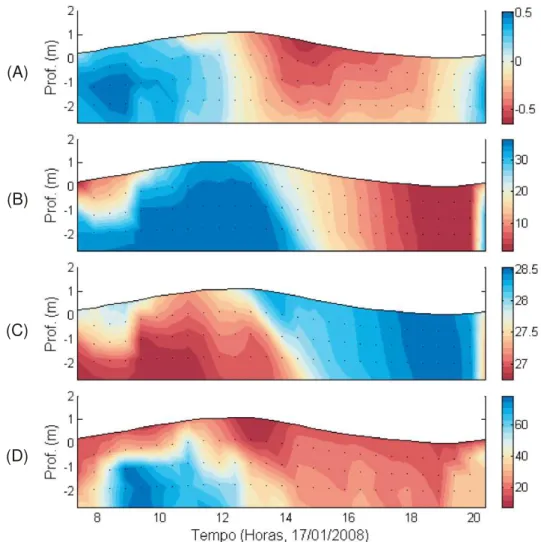 Figura 9 - Evolução temporal da estrutura vertical de velocidade (A), salinidade (B), temperatura (C) e  MPS (D) durante a campanha de quadratura de 2008