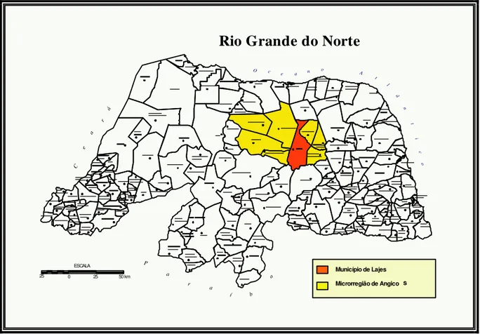 Ilustração 1 - Mapa político do RN - Município de Lajes/RN e a Microrregião de Angicos 
