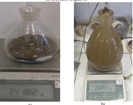 Figura 13- Picnômetros usados nos ensaios. Picnômetro de 500 ml com amostra de RSU a) e picnômetro de 2000  ml com RSU e água b)