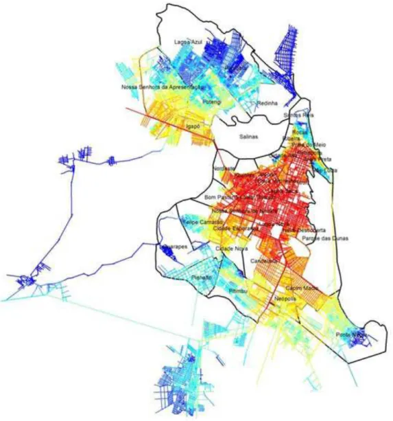 Figura 07  – Sobreposição realizada no SIG do mapa axial de Natal (2000) e de sua malha digital  de bairros (2000)