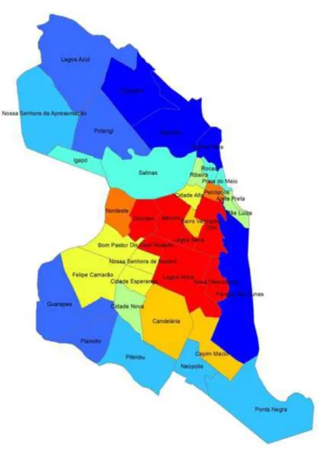 Figura  09  –  Mapa  de  acessibilidade  por  polígonos  representativos  dos  bairros  de  Natal  (2000)