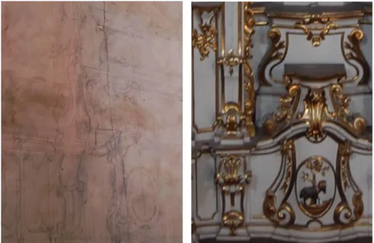 Figura 2: Detalhe do risco dos retábulos na parede do consistório  Detalhe do sacrário do retábulo central da nave (lado da epístola) 