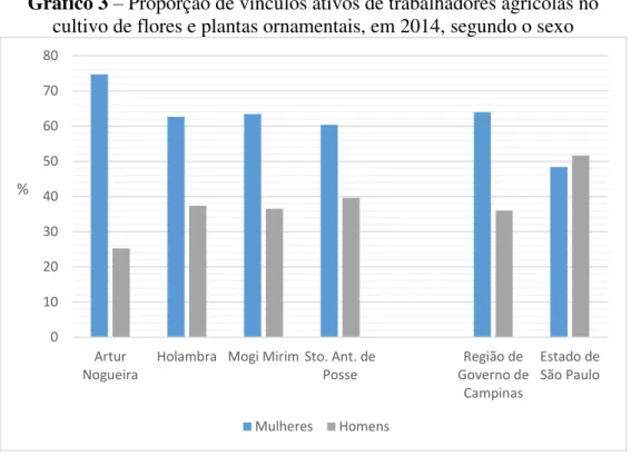 Gráfico 4 – Distribuição etária dos vínculos ativos de trabalhadores agrícolas no cultivo  de flores na Região de Governo de Campinas e no Estado de São Paulo, em 2014 