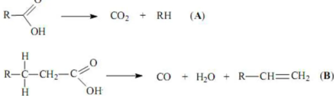 Figura 2.6  – Desoxigenação de ácidos carboxílicos. (A) Descarboxilação e (B) Descarbonilação