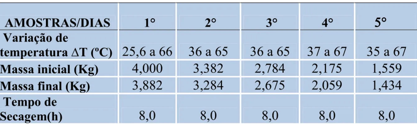 Tabela 4.1  Relação entre a temperatura do ar de secagem e o tempo gasto no processo de  secagem natural  AMOSTRAS/DIAS         1°          2°         3°        4°   Variação de  temperatura ∆T (ºC) 25,6 a 66  36 a 65  36 a 65  37 a 67  35 a 67  Massa inic