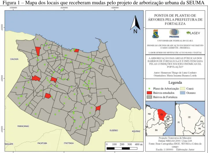 Figura 1  –  Mapa dos locais que receberam mudas pelo projeto de arborização urbana da SEUMA 