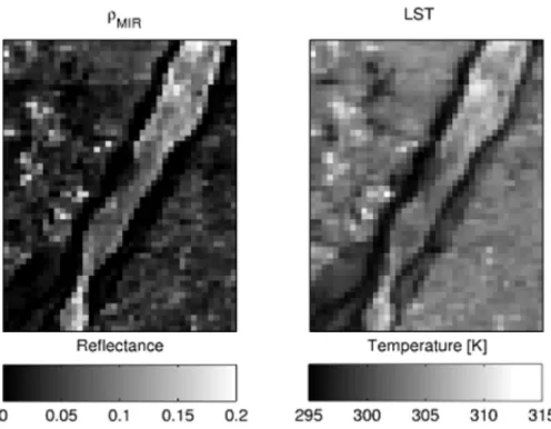 Figure  4.11.  Retrieved  values  of  surface  MIR  reflectance  (left  panel)  and  LST  (right  panel)  over the Ilha Grande National Park on May 12, 2006