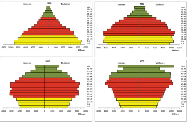 Gráfico 2 - Pirâmides etárias: 1990/ 2010/ 2030/ 2060