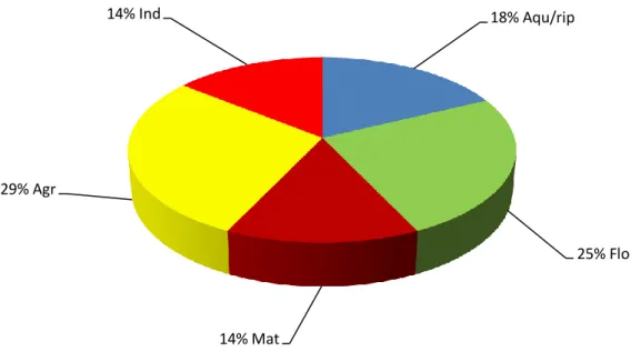 Figura  4  Percentagem  de  espécies  (n=28)  por  categoria  de  habitat  no  troço  B1  (barragem  depois  do  enchimento)