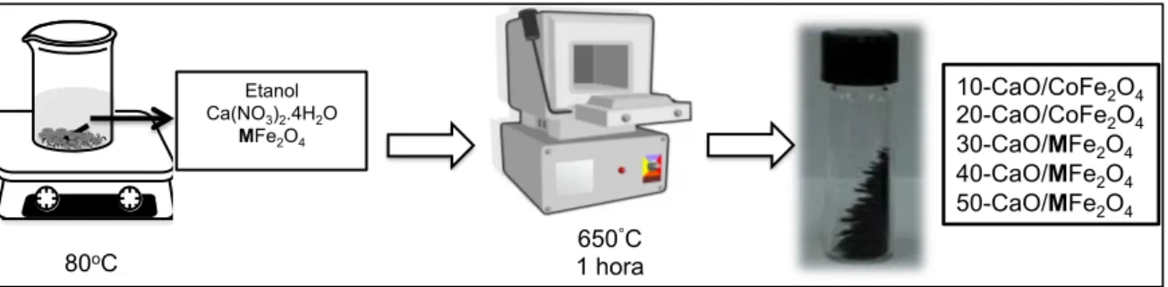 FIGURA  19-  Esquema geral da sequência de preparação dos catalisadores  CaO/MFe2O4. 