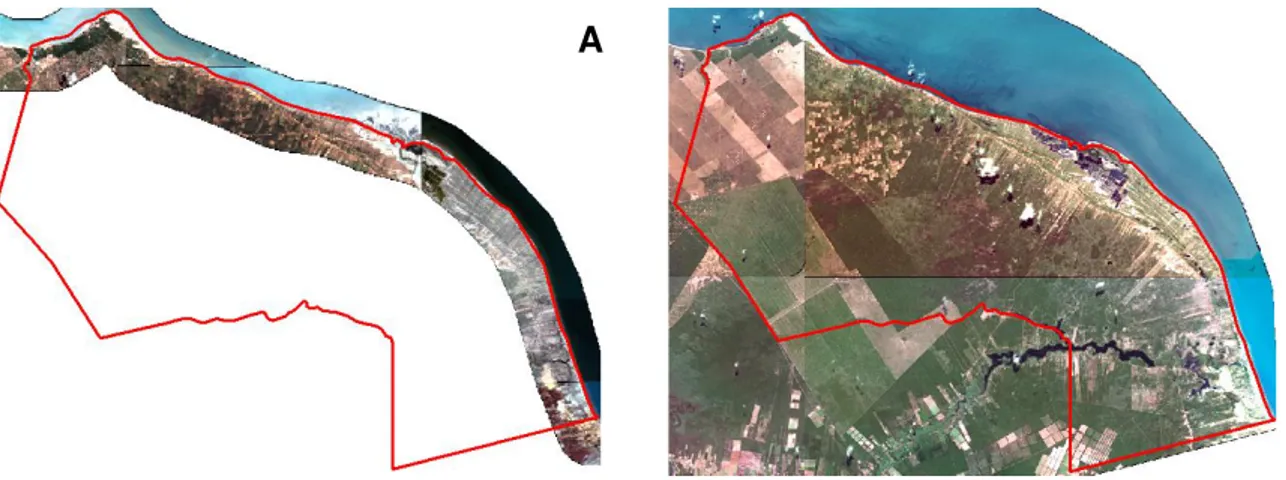 Figura 5 - A) Recobrimento da faixa litorânea com imagens QuickBird. B) Recobrimento  da área total do município de Icapui, por imagens SPOT 5