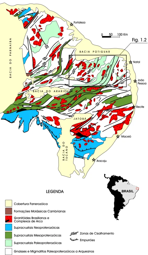 Figura 1.1 - Arcabouço tectono-estratigráfico da Província Borborema e seus limites (Jardim de Sá 1994)