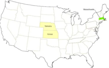 Figura 2.7: Mapa dos Estados Unidos. Os estados em amarelo (Nebraska e Kansas) representam a origem das correspondências e o estado em verde (Massachusetts) representa o destino ﬁnal