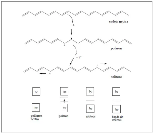 Figura  3.14:  Oxidação  do  poliacetileno  e  a  criação  dos  estados  de  polaron  e  soliton [73]