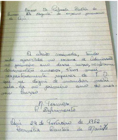 FIGURA 9: Requerimento de matrícula de Cornélia Dantas de Macêdo (1952).  Fonte: Arquivo da Escola Estadual Juscelino Kubistchek