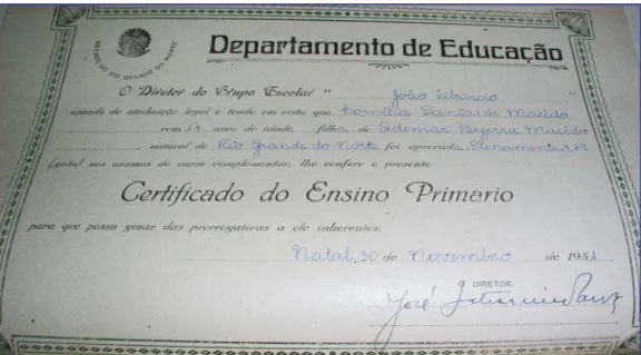 FIGURA 10: Certificado do Ensino Primário de Cornélia Dantas de Macêdo (1951).  Fonte: Arquivo Escola Estadual Juscelino Kubitschek