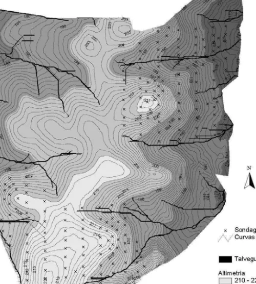 Figura 1 – Altimetria da área de estudo com destaque das linhas de água e dos pontos de localização  das sondagens para caracterização do solo nos blocos A (a sul) e B (a nordeste)