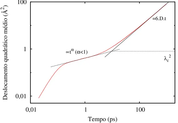 Figura 4: O deslocamento quadrático médio de um típico líquido super-resfriado. As curvas de ajuste revelam os regimes subdifusivo (t ≈ 1 ps) e difusivo, caracterizado pela dependência linear com t.