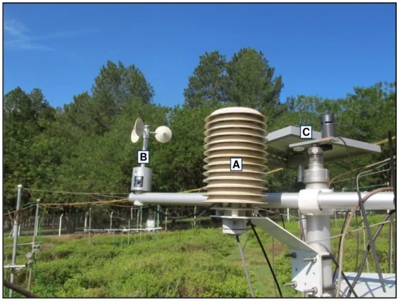 Fig.  FACE 23. Automatic microclimatic station (WS-HP1) with a pluviometer (A), an anemometer (B) and a  solar panel to capture solar irradiance (C)