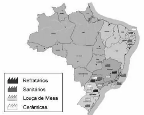 Figura 1 – Localização da produção brasileira de segmentos cerâmicos tradicionais  Fonte: Bustamante e Bressiani (2000)