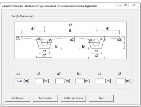 Fig. 6.5 – Janela onde se caracteriza a secção transversal para o tabuleiro com nervuras trapezoidais aligeiradas 