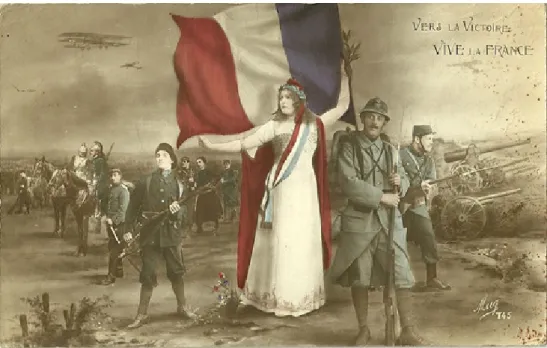 Figura 1 – M. NICOU, Clichy. Cartão-postal n. 745. Vers la victoire/ Vive la France. Manuscrito pelo  remetente em 02 jul