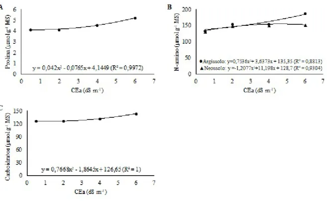 Figura 5. Teores foliares de prolina (A), N-aminossolúveis (B) e carboidratos solúveis (C)  em plantas de milho sob estresse salino e adubação nitrogenada em dois solos