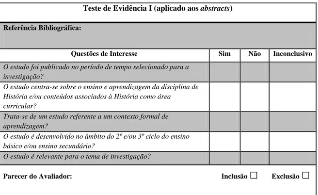 Tabela 4 – Teste de Evidência I (baseado em Vilelas, 2009) 