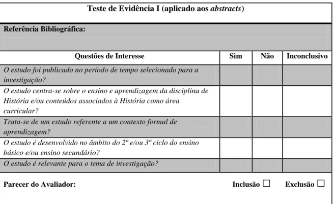 Tabela 4 – Teste de Evidência I (baseado em Vilelas, 2009) 