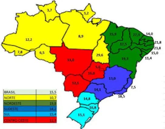 Figura  4.  Número  de  alunos  matriculados  em  tempo  integral  na  rede  pública  de  educação  básica, em 2017, nos estados e regiões do Brasil (em %)