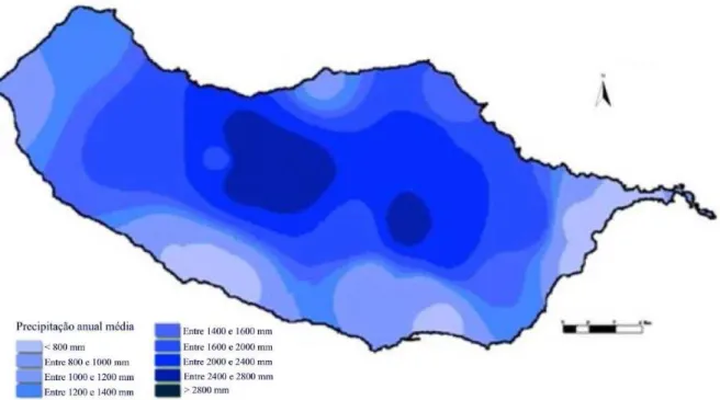 Figura 2.3  –  Variação da precipitação com a altitude na ilha da Madeira, adotado de [18]