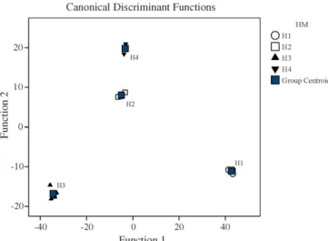 Fig. 6. Differentiation between H1–H4 honeys by applying LDA.