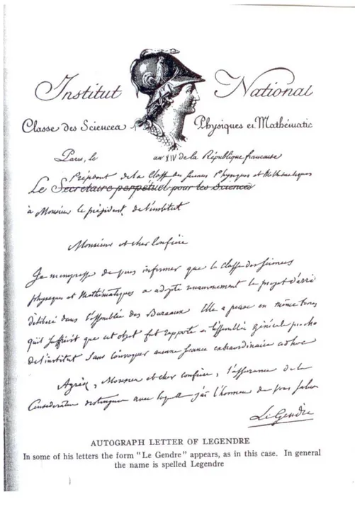 Figura 5: Carta de Legendre ao Instituto Nacional com o autógrafo LeGendre  Fonte: apud SMITH, 1958 