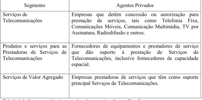Tabela 1.1: Segmentação do setor de telecomunicações no Brasil. 