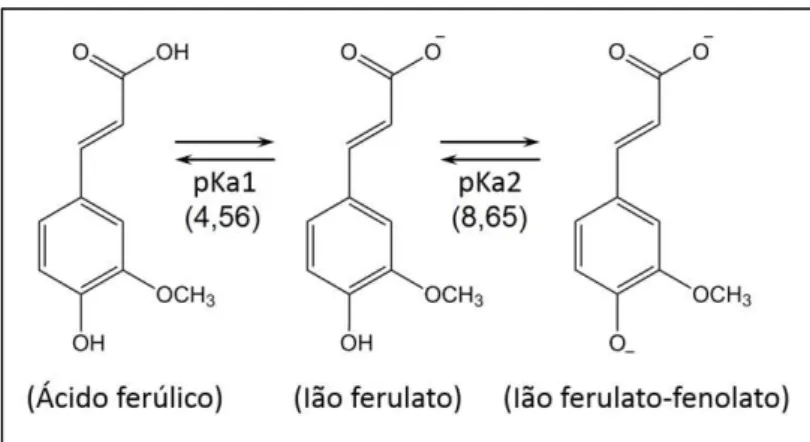 Figura 11 – Estrutura e constantes de dissociação do ácido ferúlico, determinadas potenciometricamente  por Ozkorucuklu et al