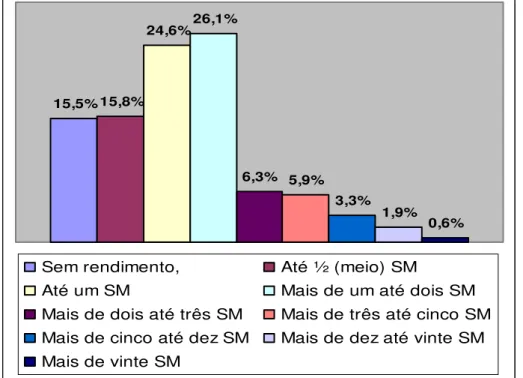 Gráfico 2 – Rendimento – PEA do RN, em 2004, com base no  salário mínimo.  Pessoas de 10 ou mais anos economicamente ativas 
