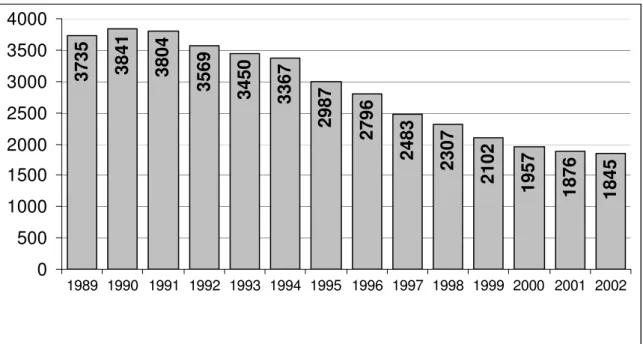 Gráfico 3 – Evolução do quadro efetivo da Petrobras no RN (Período de 1989 a 2002).  Fonte: Gráfico elaborado pelo autor com base em Petrobras (2006d).