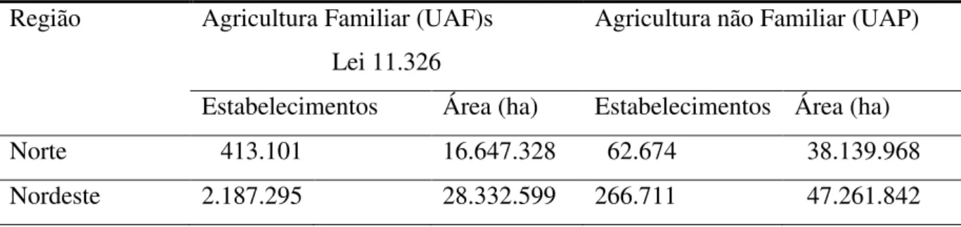 Tabela 1 - Número de Unidades Agrícolas Familiares e área das propriedades da agricultura  familiar e não familiar - Censo Agropecuário 2006