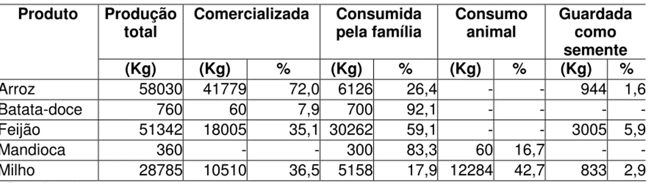 Tabela  11 - Tipo e destino dos  produtos agrícolas mais cultivados  Produção 