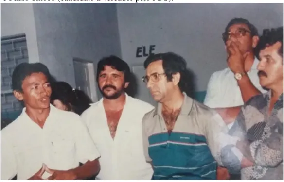 Figura  12  -  Campanhas  eleitorais  de  1988.  Da  esquerda  para  a  direita:  Sérgio  Mesquita (candidato a vereador pelo PDS), Flavinho, Antônio Jacó, Ernani Jacó  e Paulo Tinoco (candidato a vereador pelo PDS)